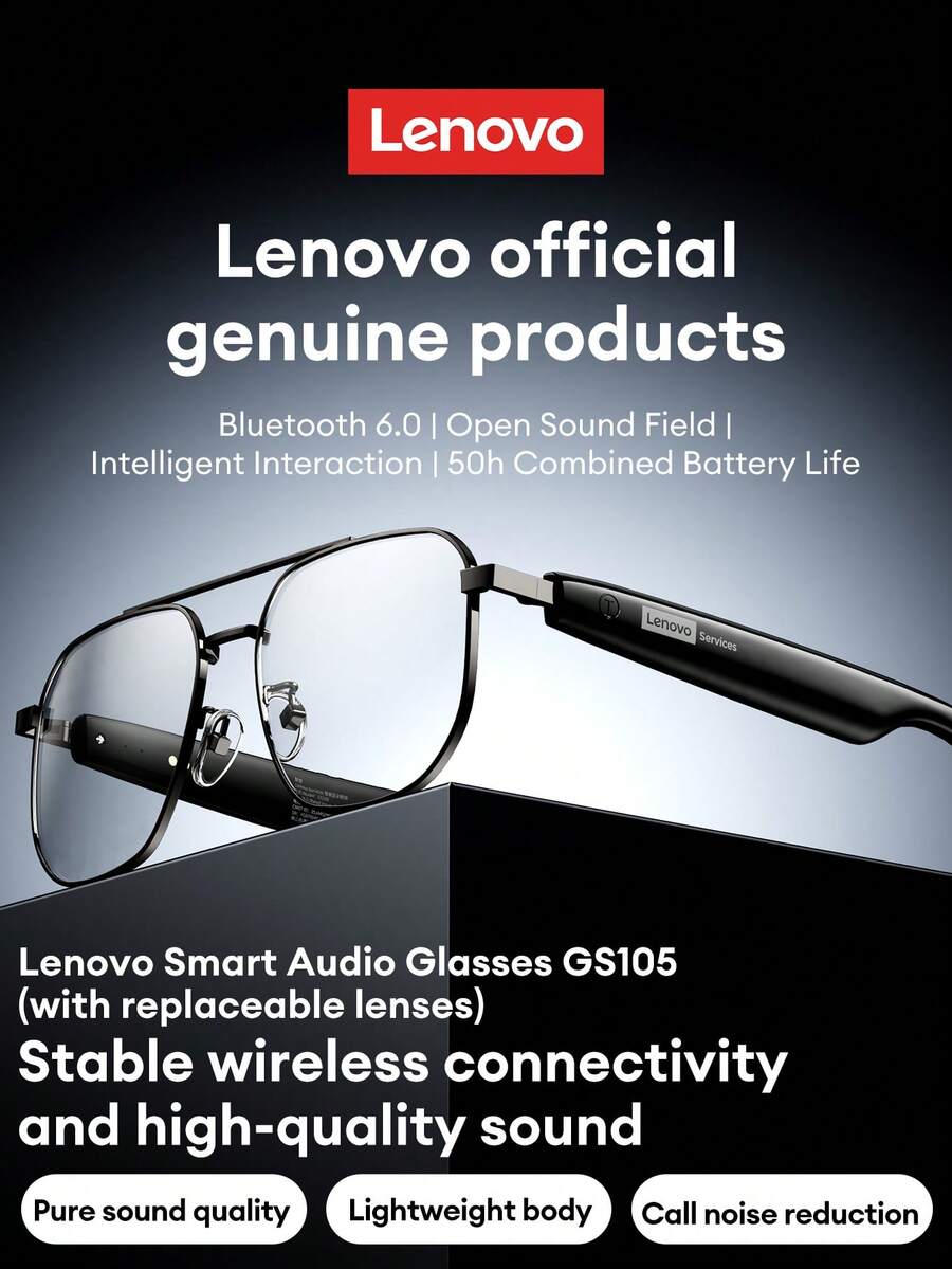 Lenovo GS105 Fashionable Bluetooth Glasses, Metal Frame, Wireless Bluetooth 6.0, Pure Sound Quality, Long Battery Life, HD Calling, ENC Microphone Noise Cancellation, Dual-Layer Anti-Leakage, Wireless Smart Glasses, Compatible With Smartphones, Gift For Couples And Friends - Black - View 1