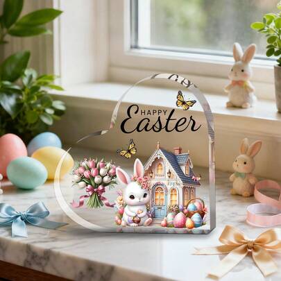 1/3pcs Happy Easter Bunny And Flower Egg Heart-Shaped Ornament, Acrylic Desktop Decoration, Suitable For Bedroom, Bookshelf And Entryway Decoration, Makes A Great Holiday Party Gift.