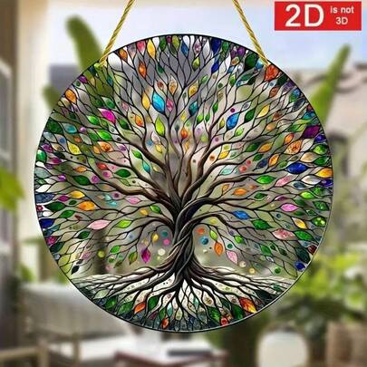 Đồ trang trí treo tường hình cây 2D bằng acrylic, đường kính 20 cm, kiểu dáng kính màu, thiết kế lá sống động, lý tưởng để trang trí nhà cửa và hiên nhà, món quà hoàn hảo cho các dịp lễ, thích hợp sử dụng trong nhà/ngoài trời (Nhớ gỡ bỏ lớp màng bảo vệ sản phẩm trước khi sử dụng)
