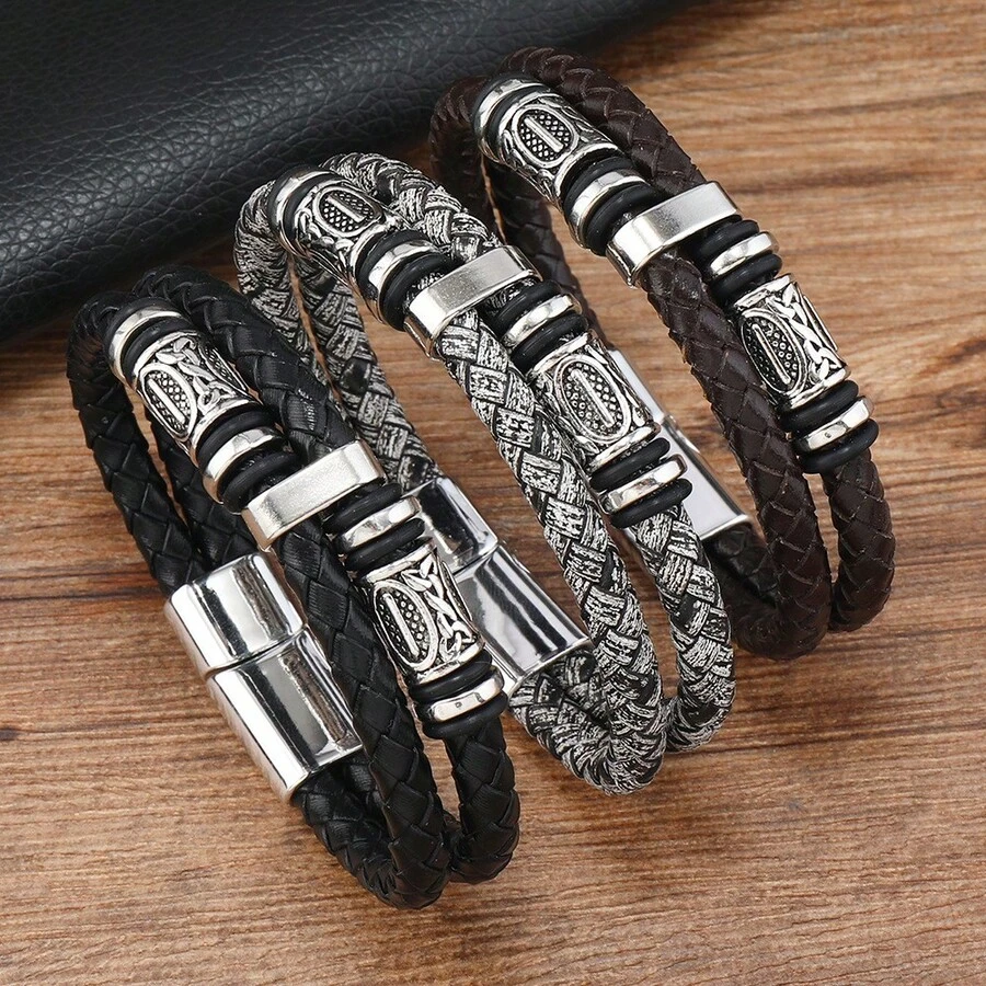 1 pieza Pulsera de cuero negro, pulsera de doble capa con cierre magnético de cuentas, accesorio de moda para hombres - Pulsera - Ver 1