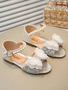Cute Bow Pearl Rhinestone Flat Sandals For Little Girls Princess Shoes - Silver - View 2