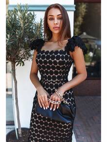 2026 Fashion Lace Elegant Commuter Midi Dress Pink Mid-Waist Solid Color Tube Top Style Mid-Length Dress - 黑色 - 查看 5