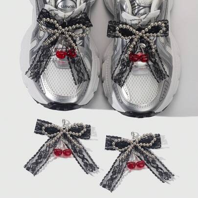 2pcs Christmas New Korean Style Simple Faux Pearl Black Ribbon Bow Cherry Shoe Decor, Bow DIY Accessories