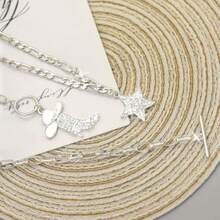 Juego de 2 Collares Apilables con Dije de Estrella y Diamantes de Imitación Brillantes Cadena Gruesa para Mujer - Borlas plateadas, sombrero blanco - Ver 5