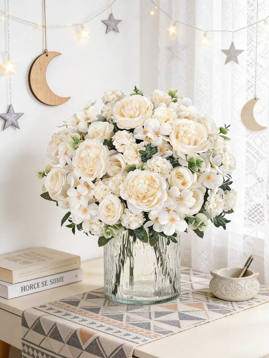 Bộ 80 bông hoa giả gồm hoa hồng, cẩm tú cầu, mẫu đơn, hoa bó hoa cưới, trang trí đám cưới, nguyên liệu làm vòng hoa DIY, tiệc sinh nhật, bình hoa trang trí nhà cửa, sân vườn ngoài trời, trang trí mùa thu, quà tặng năm mới. - trắng - Xem 1