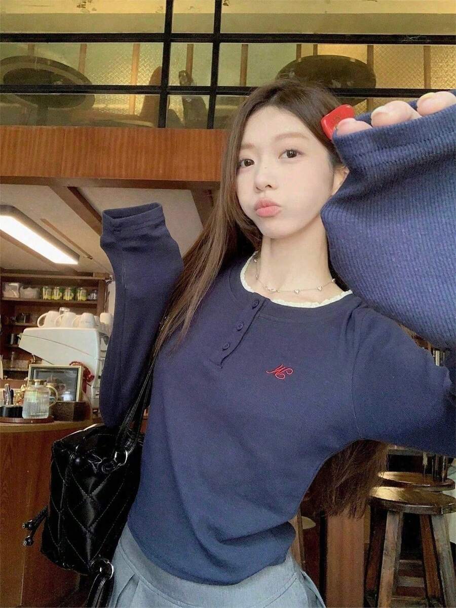 女士优雅韩版灰色刺绣长袖针织上衣,专为春秋季设计 - 藍色 - 查看 1