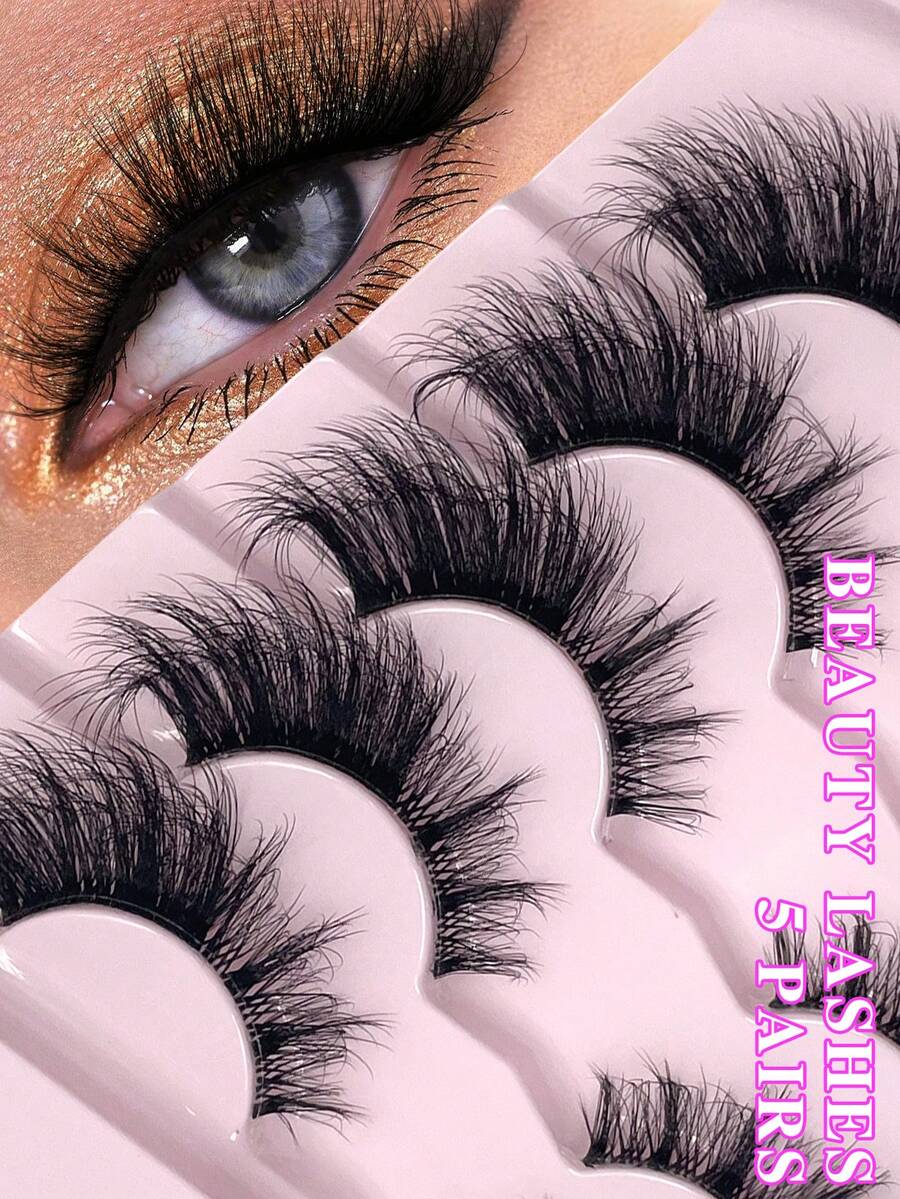 ENCHUW 5 Pairs Messy Natural Cat Eye Lashes Clear Band Lashes Cat Eye Look Wispy Lashes Eye End Elongated Full Strip Soft Natural Realistic False Eyelashes Strip Lashes, Lashes, Eyelashes, Fake Lashes - Black - View 1