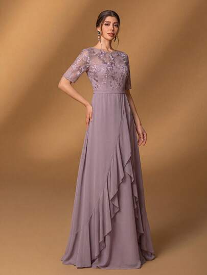 Faeriesty Elegant Gray-Pink Long Dress, Silver Embroidery, Sheer Floral Cuffs, Asymmetric Ruffle Hem, Suitable For Beach Weddings, Garden Parties, Formal Dinners, Galas And More