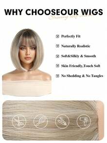1pc Short Wavy Synthetic Hair Wig With Bangs, Natural Black Color, For Women - Blonde Ombre - View 3