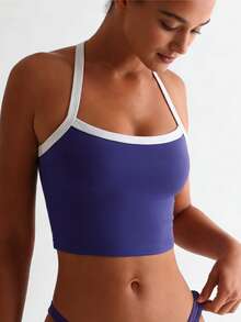 Áo croptop cổ yếm thể thao năng động phối màu tương phản thời trang mùa hè - Màu xanh lam - Xem 3