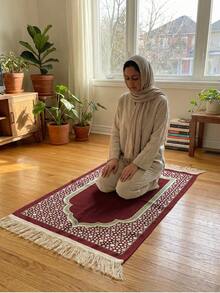 1pc Portable Prayer Mat With Tassels | Soft & Washable, Elegant Floral Pattern, Vintage Lace, Extra Large Size, For Religious Worship - Multicolor - View 3