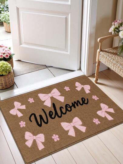 DAJIANG 1 pieza Felpudo de bienvenida con decoración de lazo, alfombra de lana de estilo dulce de niña, adecuada para baño, cocina, exterior, interior, pasillo, dormitorio, sala de estar, mesita de noche, lavable a máquina, fácil de limpiar, base antideslizante, adecuada para decoración de invierno en el dormitorio, decoración navideña del Día de San Valentín, accesorio esencial para el baño, conjunto de decoración de habitación, alfombra decorativa para exteriores