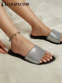 luofu 新款LUO时尚女士闪亮银色拖鞋，舒适橡胶中底，户外休闲派对活动防滑凉鞋，家居拖鞋 - 黑色 - 查看 6