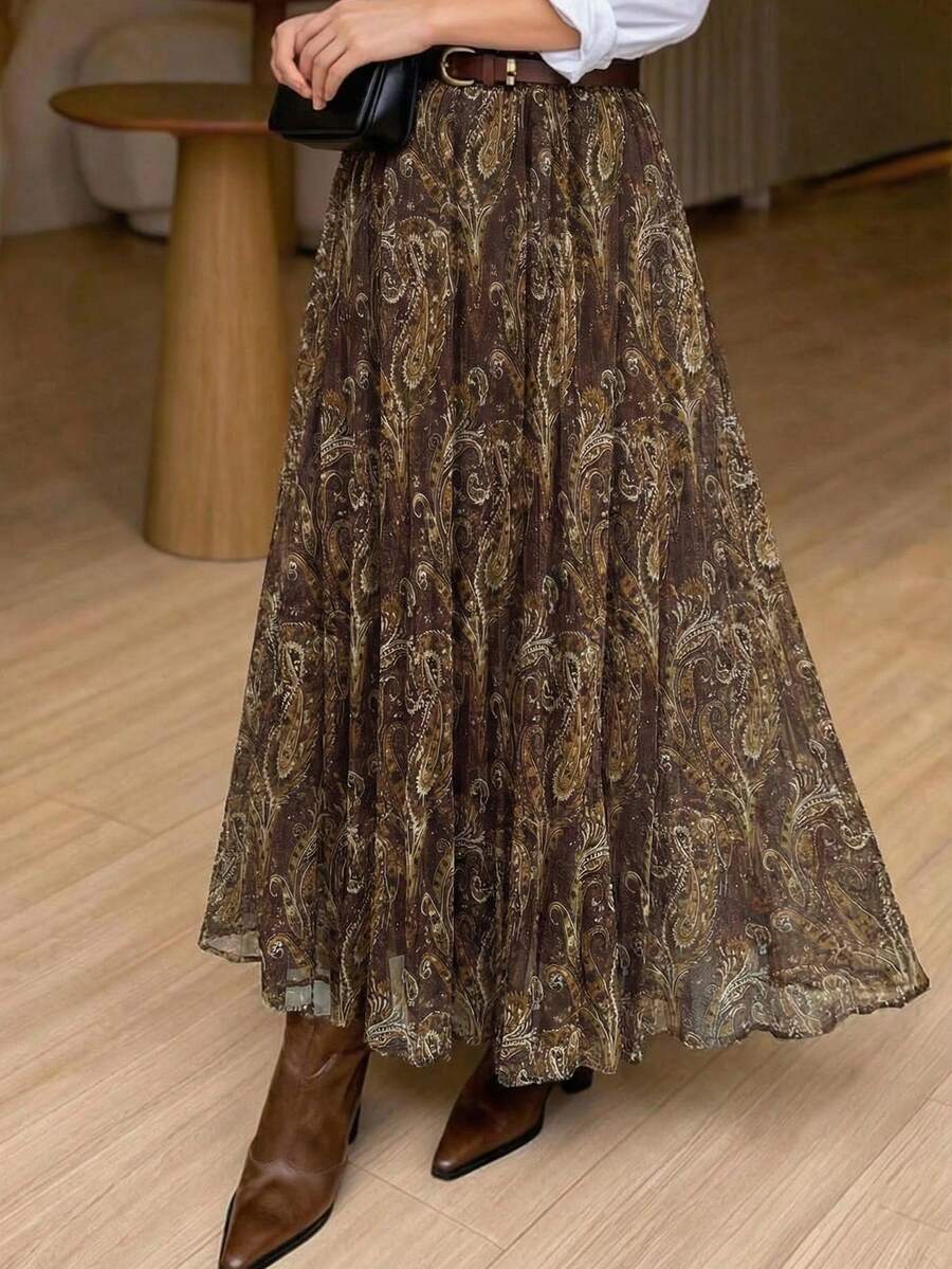 Women's Elegant Paisley Print Pleated Elastic Waist Skirt, Suitable For Daily Commute, Spring/Summer - Flower Coffee - View 1