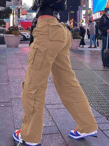 Women's High Waisted Boyfriend Style Distressed Y2K Denim Jeans,Women's Solid Color Simple Casual Denim Pants Y2k,Solid Color Multi-Pocket Button Commuting Simple Y2K Casual Cute Work Pants Long Pants - Màu Khaki - Xem 1