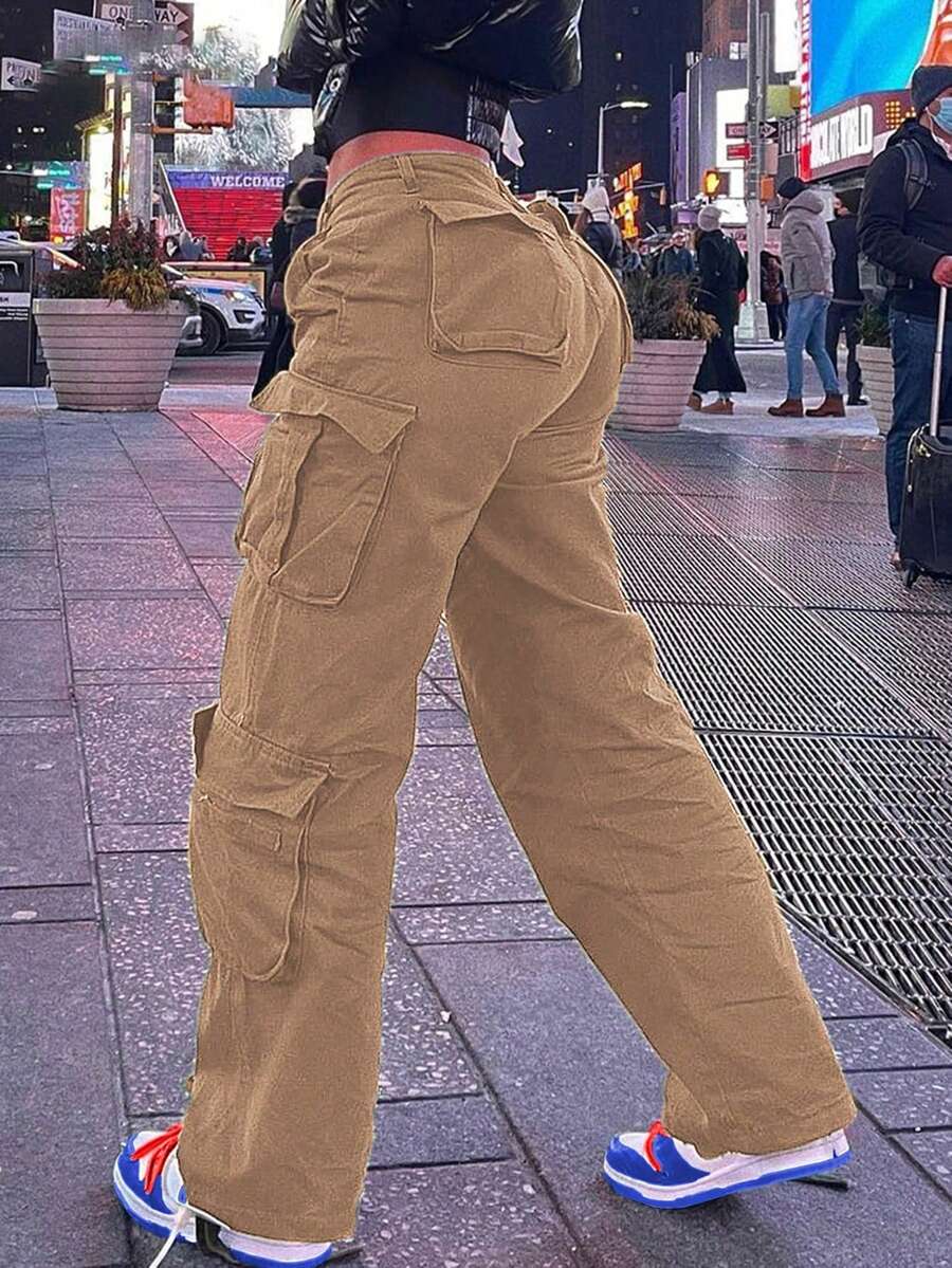 Women's High Waisted Boyfriend Style Distressed Y2K Denim Jeans,Women's Solid Color Simple Casual Denim Pants Y2k,Solid Color Multi-Pocket Button Commuting Simple Y2K Casual Cute Work Pants Long Pants - Màu Khaki - Xem 1