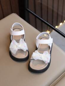 Girls' Sparkly Mesh Bow Sandals – Adjustable Ankle Strap, Breathable Lace Upper, Soft Padded Footbed, Non-Slip Sole For Summer Casual & Party Wear - White - View 4