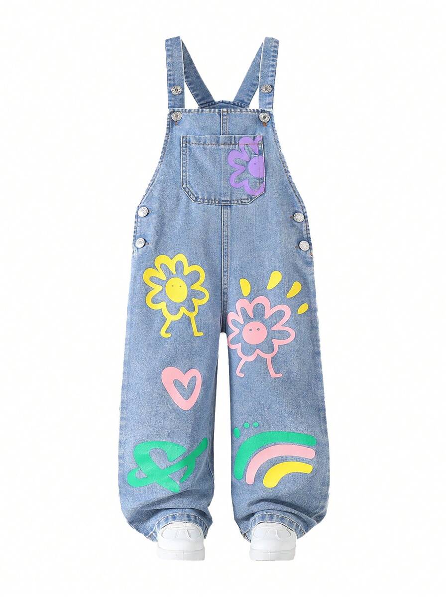 Young Girl' Fashionable Solid Color Button Decor Floral Pattern Single Pocket Loose Ankle-Length Denim Overalls - Blue - View 1