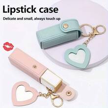 Solid Color Long Lipstick Makeup Bag + Heart-Shaped Small Mirror Pendant] Lipstick Storage Tool, Mini Lip Balm Organizer For On-The-Go Touch-Ups, Travel-Friendly Gift For, Faux Leather Coin Purse, Keychain Storage Bag - 紅色 - 查看 5
