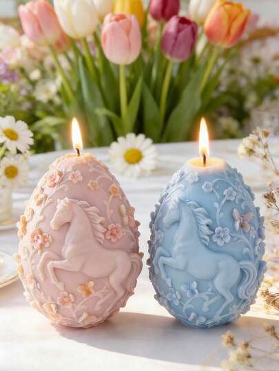 1pc Embossed Easter Egg Silicone Mold Horse Floral Pattern Durable Easy Clean Multi-Use For Candle/Gypsum/Soap Candle Mold Easter Home Ornament Craft Supplies