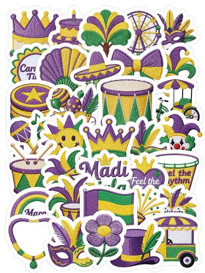 59/60pcs Vintage Carnival Stickers, Baroque Jester Venetian Mask & Circus Decor Stickers, Gold Red Purple Theme Suitable For Diary, Phone Case, Retro Aesthetic Gifts