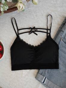 Sexy Lace Camisole With Bowknot, Women Summer Padded Bustier Crop Top Vest - Black - View 2