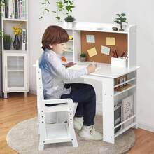 Juego de computadora y Silla para niños y niñas, Mesa de Escritura de Madera para niños con estantería, tablón de anuncios, gabinete y cajón para Edades de 3 a 8 años, Color Blanco - Blanco - Ver 6