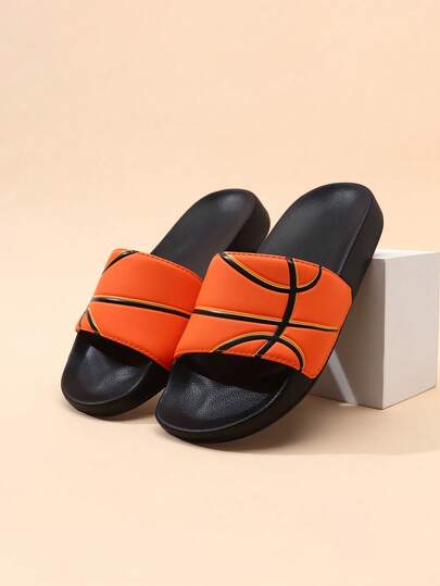 1 Pair Kids Foam Slippers, Fashion Basketball Textured Sandals, Indoor/Outdoor Casual Slip-On For Older Children