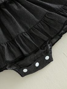 Newborn Baby Girl Denim Romper Dress Sleeveless Tie Up Shoulder Smocked Ruffle Bodysuit Summer Clothes - Black - View 8