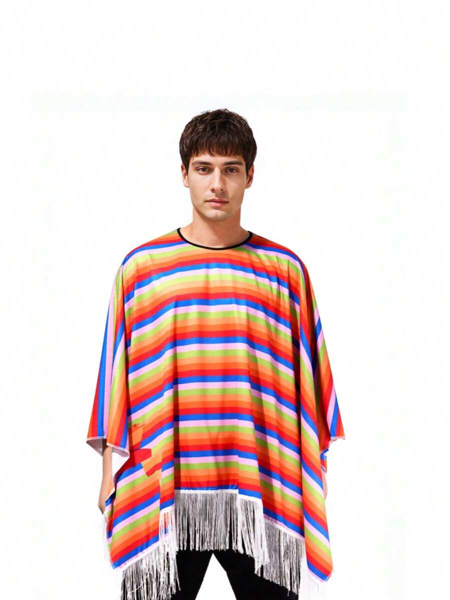 1pc Rainbow Striped Cosplay Cloak, Mexican Costume Shawl Cape For Festival Party Role Play - 01 - View 1