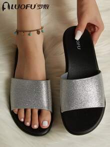 luofu 新款LUO时尚女士闪亮银色拖鞋，舒适橡胶中底，户外休闲派对活动防滑凉鞋，家居拖鞋 - 黑色 - 查看 8