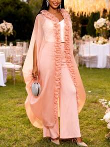 性感女士宽松露肩雪纺薄纱长裙，荷叶边开衫设计，抽绳腰带，适合婚礼宾客穿着 - 粉色 - 查看 10