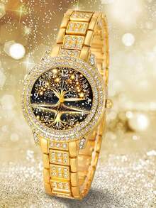 6PCS Elegant And Luxurious Women's Quartz Watch Set, Women's Gold Accessory Set (Includes Gold Metal Full-Rhinestone Strap Life Of Tree Arabic Numeral Dial Rhinestone Bezel Quartz Watch, Full-Rhinestone Gold Bracelet, Full-Rhinestone Gold Earrings, Heart-Shaped Full-Rhinestone Gold Necklace, Full-Rhinestone Gold Ring). - Gold - View 2