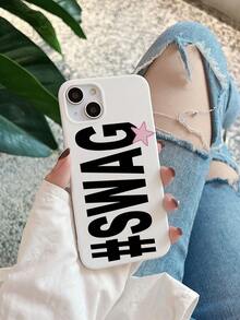 Y2K 1pc "#SWAG" & Pink Star Minimalist Print White Glossy Phone Case, Compatible With IPhone 11/13 Pro Max/15/17/17 Pro Max & Galaxy S24 Ultra/S26 Ultra, Slogan Aesthetic Design, Suitable For Millennials, Birthday & Daily Use - White - View 7