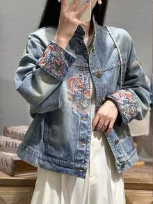 Chinese Style Jacket Washed Blue Exquisite Embroidered Denim Jacket Women - Long Sleeve, Short Style, Elegant, Fashionable, Embroidered Chinese Elements, Suitable For All Seasons, Spring Festival Outfit Women - màu xanh nhạt - Xem 2