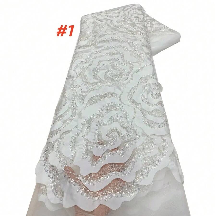 高品质法式网纱蕾丝珠饰面料 2026，闪亮亮片蕾丝，适用于尼日利亚非洲女士婚礼派对礼服缝纫材料 - A - 查看 1