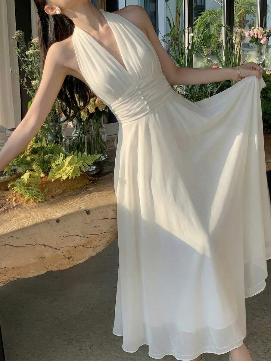 情人节优雅V领雪纺夏季连衣裙 女士纯色露背吊带婚纱派对舞会礼服 女士假日度假沙滩连衣裙套装 春季 - 米色 - 查看 1