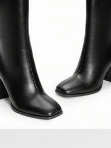 Women's Chunky Heel Go-Go Boots - Square Toe Knee High Side Zip Tall Boots For Casual, Retro, Party - PU đen - Xem 5