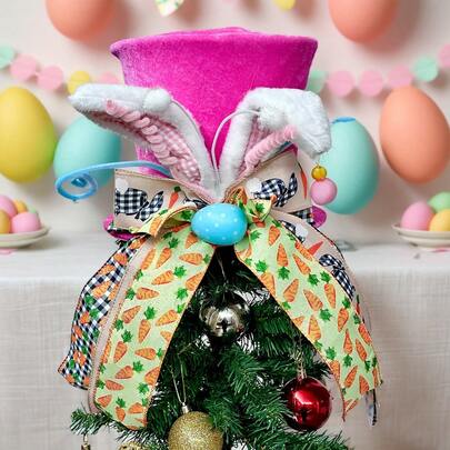 Easter Tree Topper Hat - Pink Bunny Ear Design With Colorful Polka Dot Bow Decor, Festive Holiday Tree Decoration For Home Party