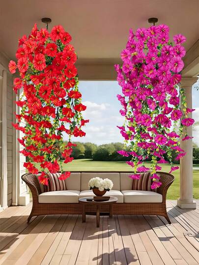 1/3株人造牵牛花；人造垂吊红紫色牵牛花；防紫外线；不易褪色，适用于户外装饰、庭院装饰、门廊装饰、花盆、花园装饰、阳台装饰、家居装饰、房间装饰、卧室客厅装饰、办公室装饰、墙面装饰、农场装饰、摄影道具、吊篮，春夏装饰礼品