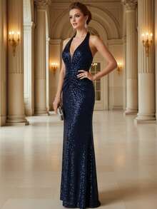 Vestido de noche elegante de cola de sirena sin mangas con escote en V profundo y espalda descubierta totalmente lentejuelado en azul marino - Azul Marino - Ver 1