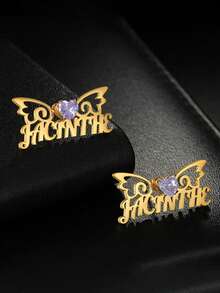 1SET Personalized Customized Wing Heart Set, Inlaid With Heart-Shaped Zirconia, Earring+Necklace Set, Stainless Steel Necklace Jewelry Set, Zirconia Inlay, Including Gift Box, As A Gift For Ramadan, Valentine's Day, And Mother's Day. - Gold - View 5