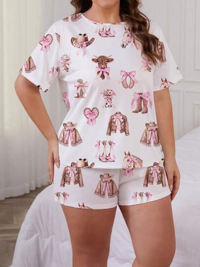 2pcs Set White Base Denim Style Cute Bow Mini Bison Cactus Denim Jacket, Denim Boots, Denim Hat, Bow Galloping Horse Print Women's Pajamas, Comfortable Short Sleeve Round Neck Pullover Shirt And Loose Elastic Shorts, Stylish Outdoor & Indoor Sleepwear & Loungewear For Women