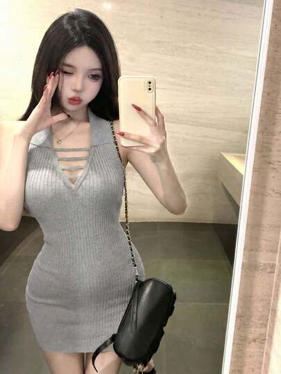 Sexy Bodycon Knit Mini Dress, Waist-Cinching, Sleeveless, Unique Design, New For Spring/Summer