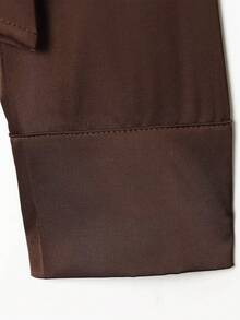 V-Neck Tie Satin Long Sleeve Shirt, Spring/Autumn - Coffee Brown - View 6
