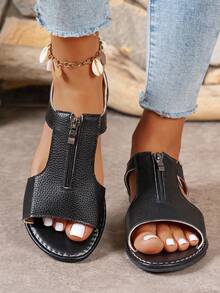 1 Pair PU Leather Zipper Beach Sandals, Outdoor Summer - Black - View 6