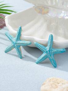 1对时尚新款树脂蓝色海星耳钉，适合女性佩戴 - 淺藍色 - 查看 5