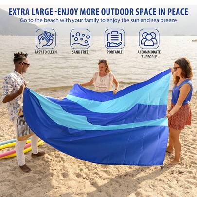 1 Extra-Large Beach Blanket 79x83 Inches, 100% Sand-Proof And Waterproof Picnic Mat, With 4 Stakes And Corner Pockets, Super Lightweight And Quick-Drying, Essential Outdoor Accessory For Family Vacations, Beach, Camping Trips, Suitable For 4-7 People, Extra-Large, Lightweight And Sand-Resistant, Suitable For Beach, Travel, Camping, Hiking (200-210 Cm)