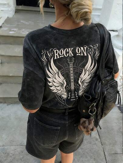Summer New Minimalist Fashion Music Festival Guitar Angel Wings Rock Print Casual Round Neck Tie-Dye Short Sleeve T-Shirt, Versatile Fashionable Blouse For Women