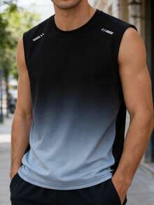 男士渐变色无袖运动健身背心，跑步训练服 - 黑色 - 查看 1